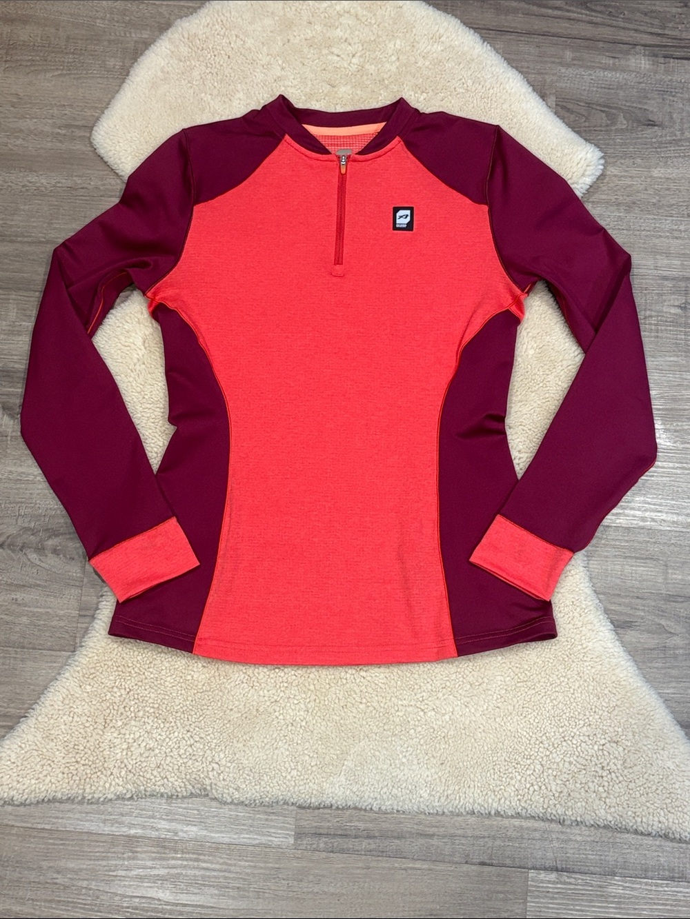 Orage thermal 1/4 zip pullover, burgundy and orange, women’s small